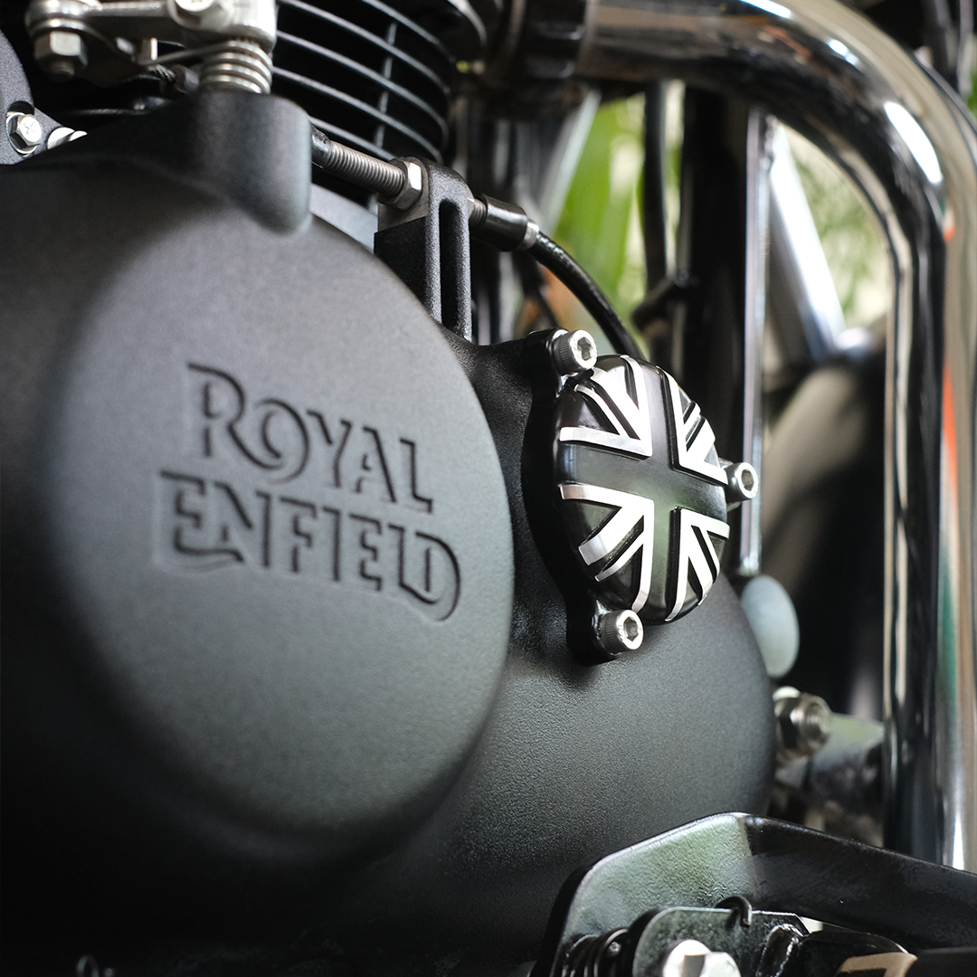 Close-up of a Royal Enfield motorcycle engine with oil filter carter