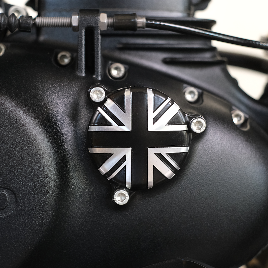 Motorcycle engine with a Union Jack emblem