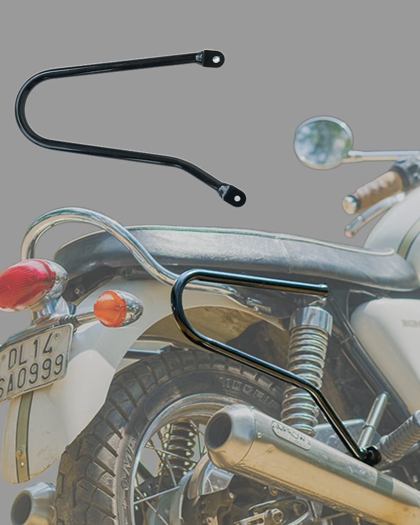 Motorcycle with a black metal hook attached to the rear, on a gray background