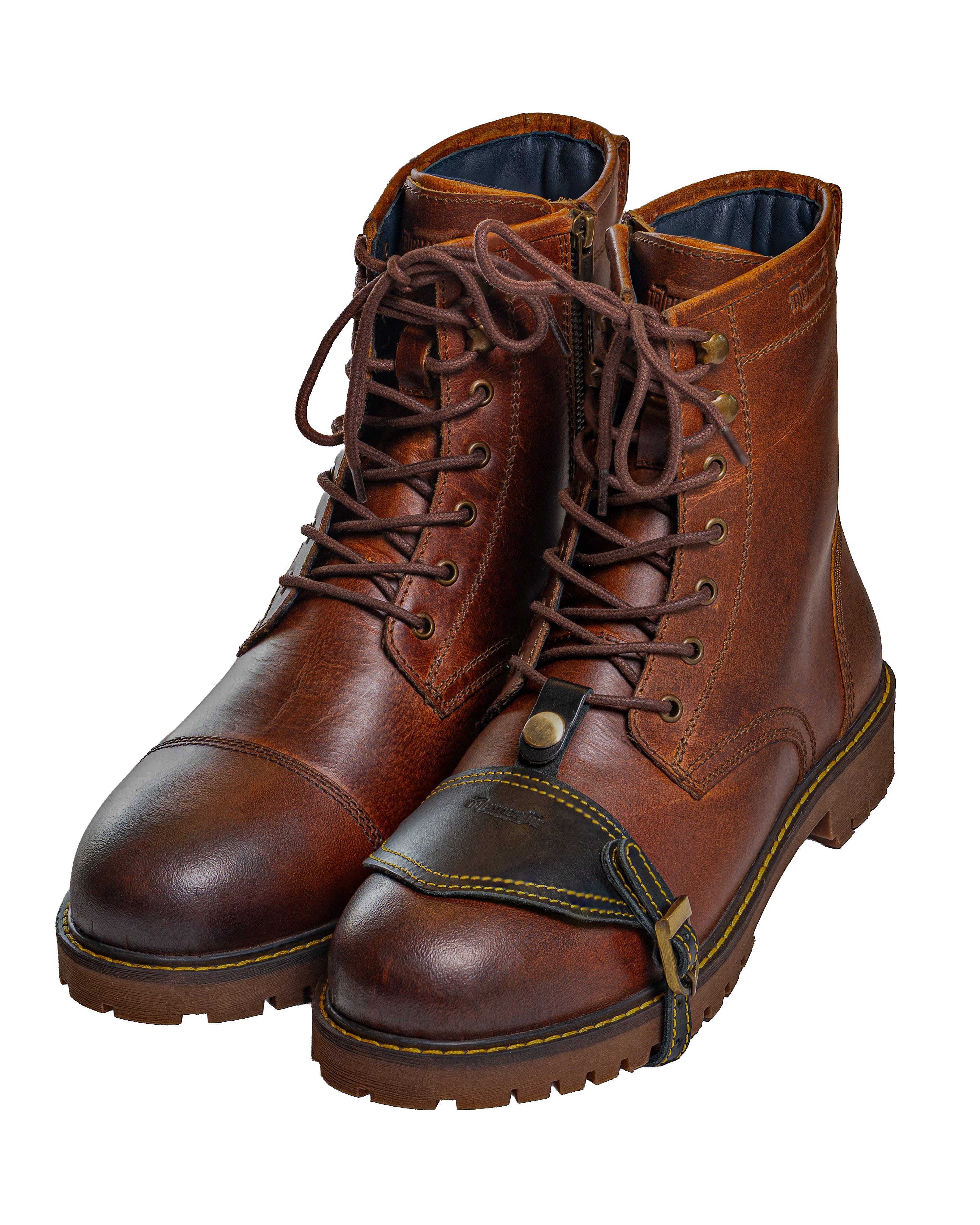 Pair of brown leather boots with laces on a white background