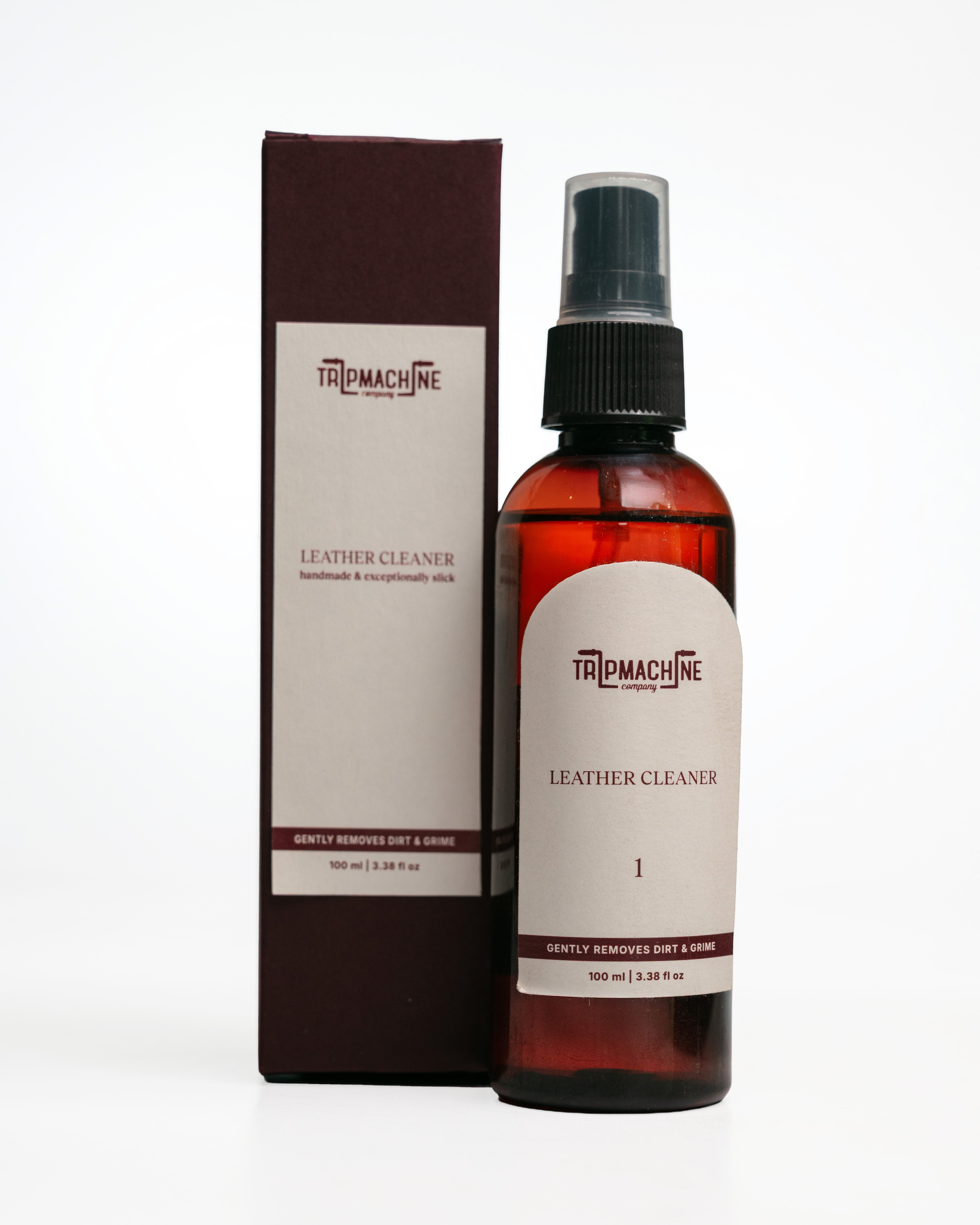 Tripmachine leather cleaner bottle and packaging on a white background