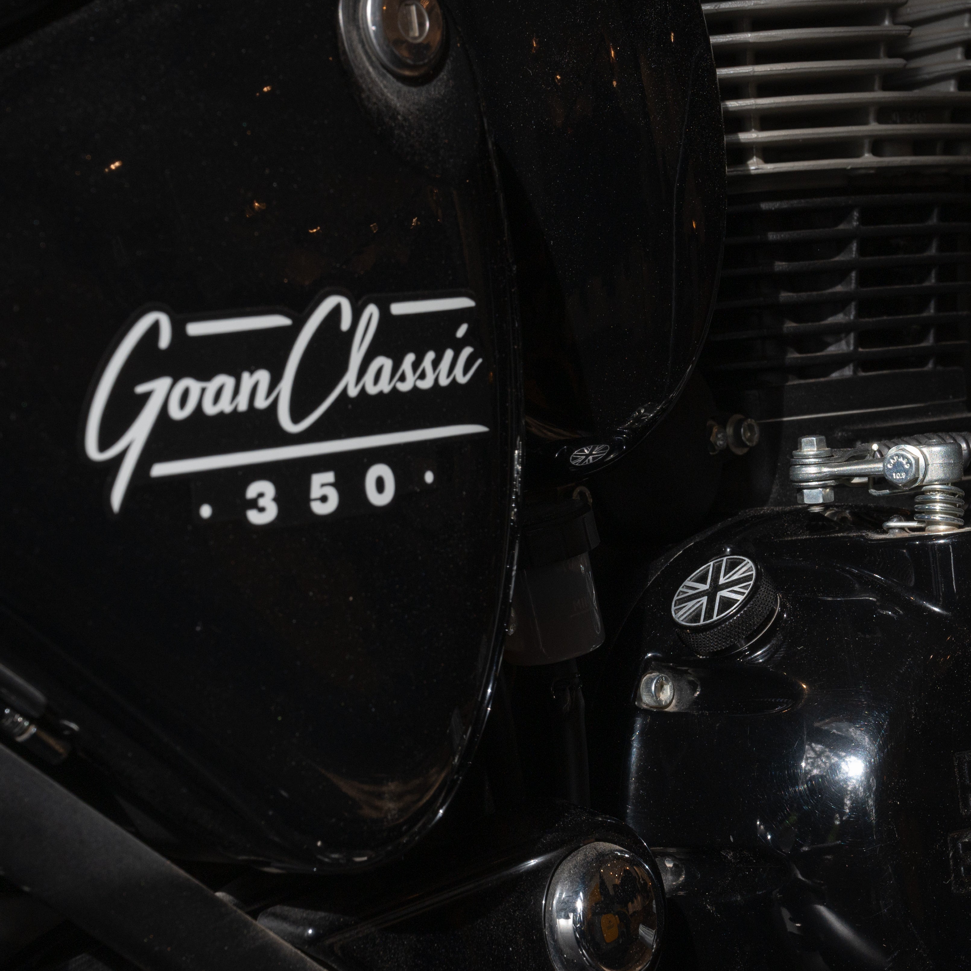 Close-up of a motorcycle with 'Goan Classic 350' branding.