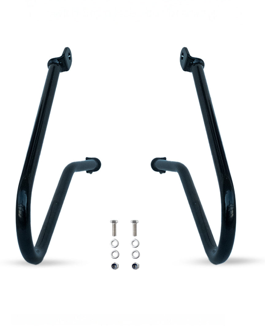 Black metal bike stand with mounting hardware on a white background