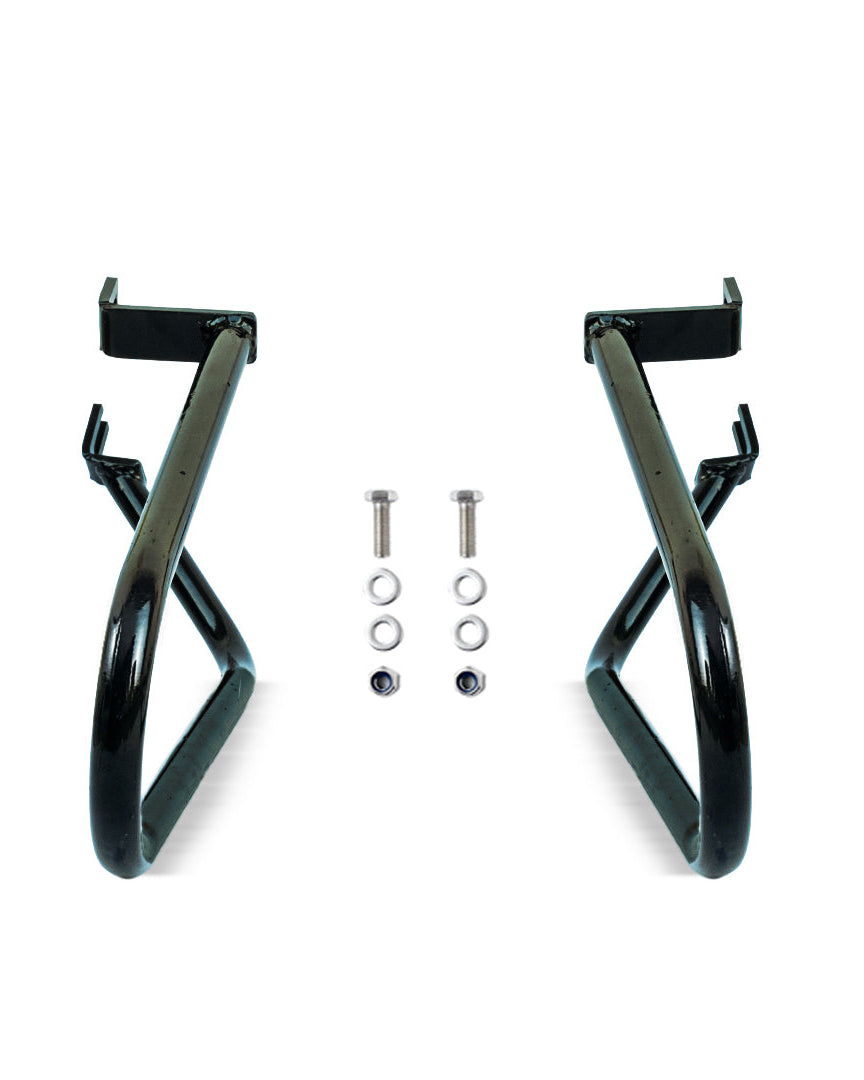 Pair of black metal brackets with screws and washers on a white background