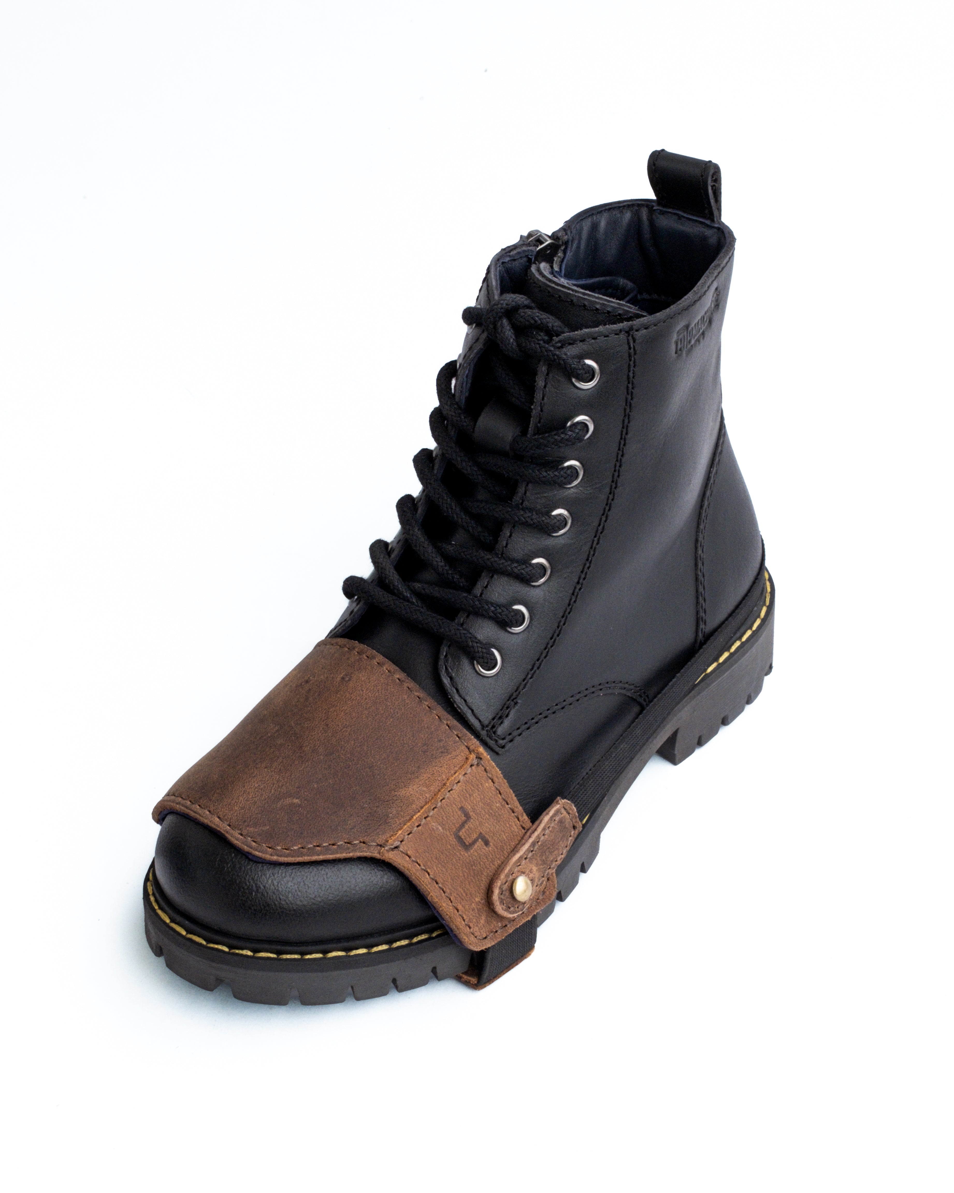 Black and brown leather boot with a white background