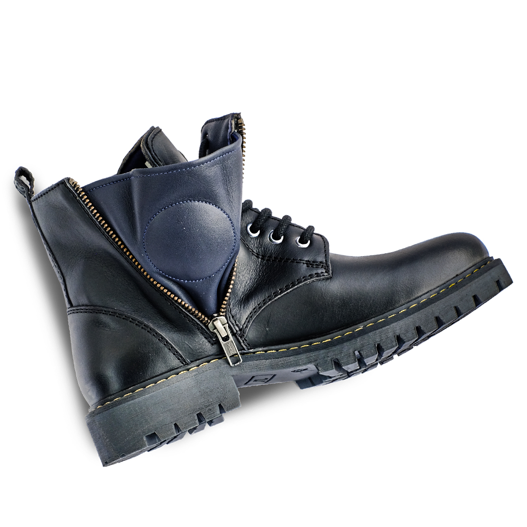 Black leather boots with a zipper on a white background