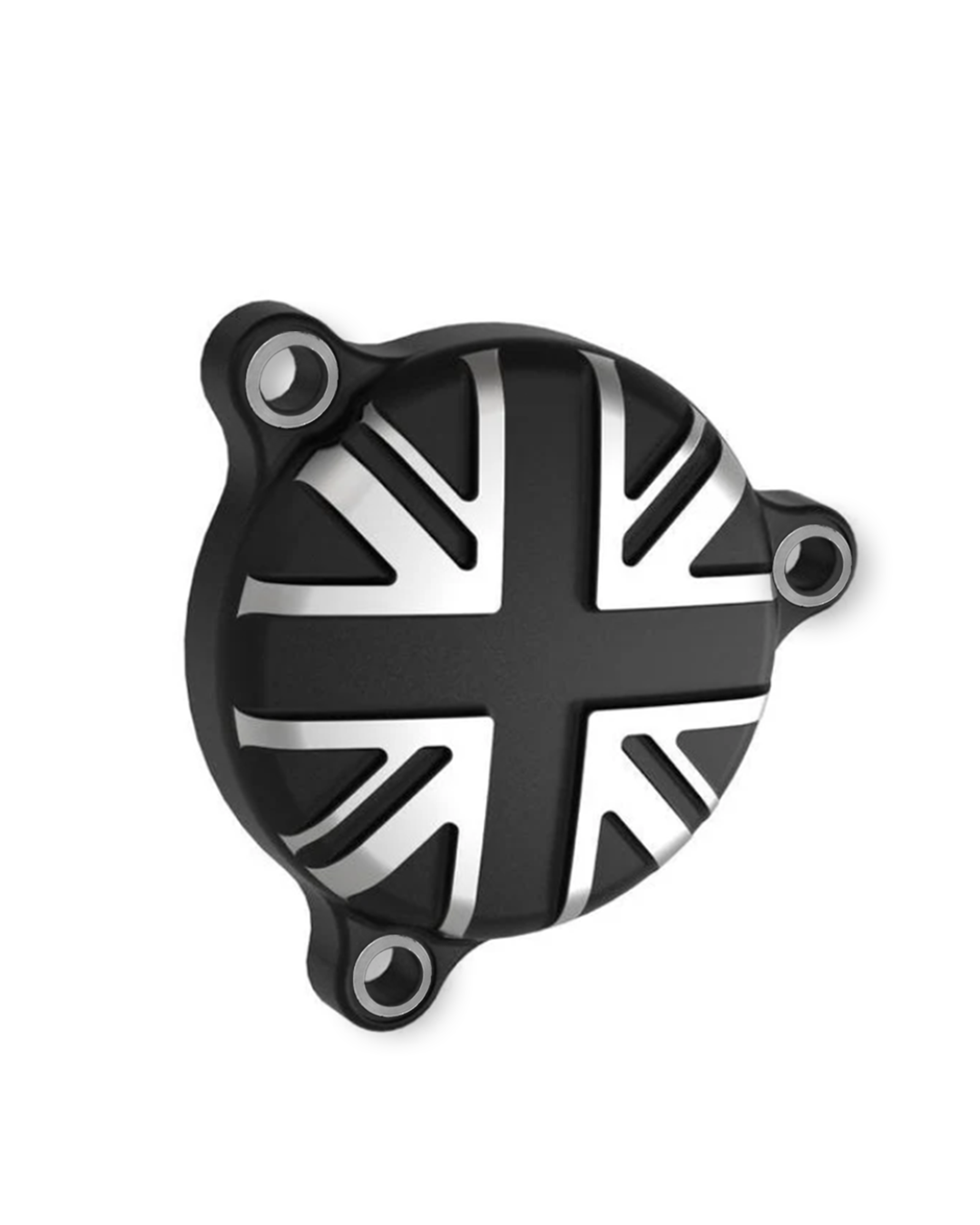 Black and silver mechanical cover with Union Jack design on a white background