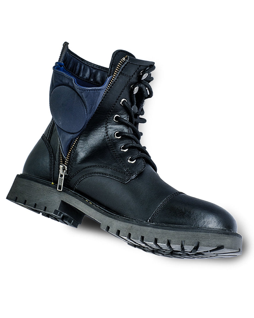 Black leather boot with a blue patch on a white background
