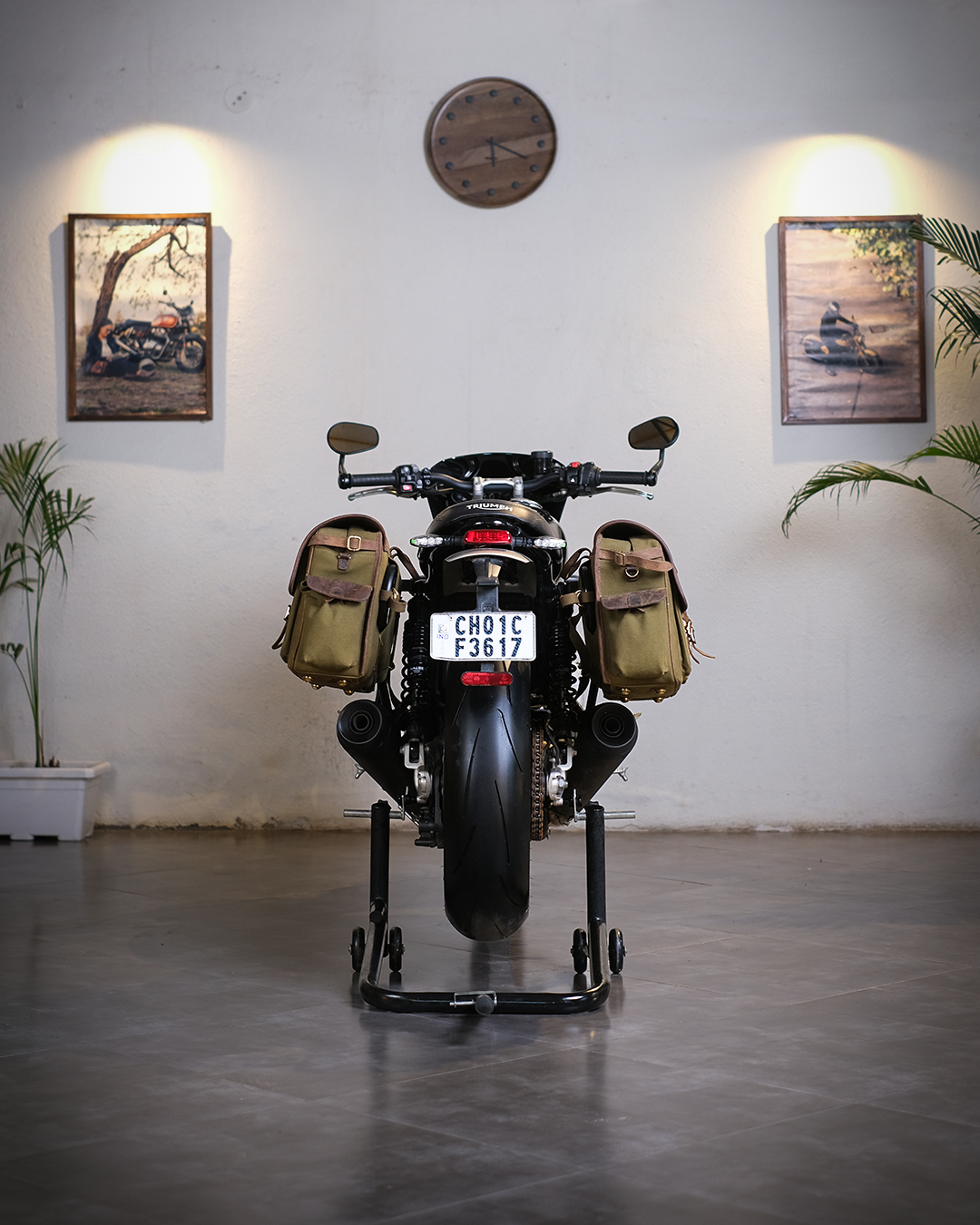 Motorcycle with saddlebags on a stand in a room with framed pictures and plants.