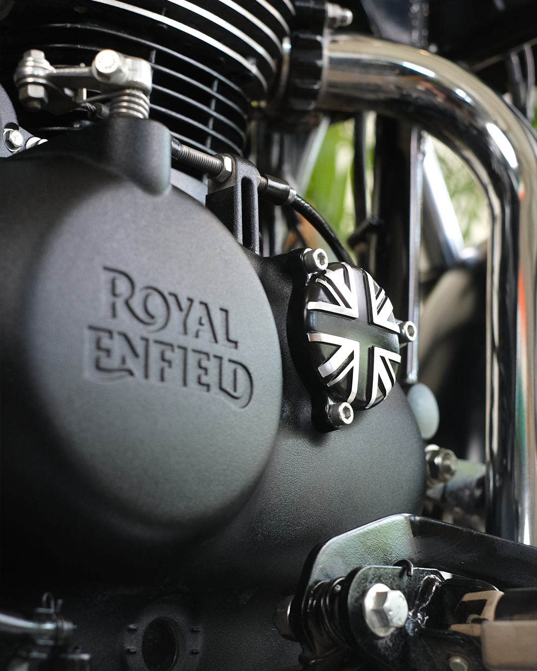Close-up of a Royal Enfield motorcycle engine with oil filter carter