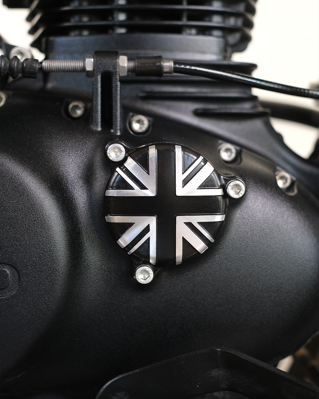 Motorcycle engine with a Union Jack emblem