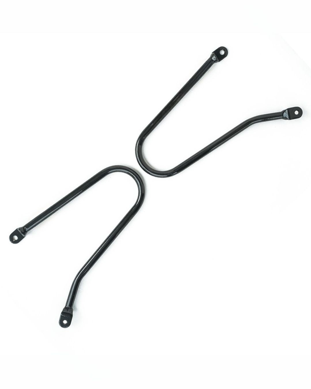 Two black metal brackets on a white background