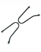 Two black metal brackets on a white background