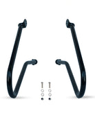 Black metal bike stand with mounting hardware on a white background