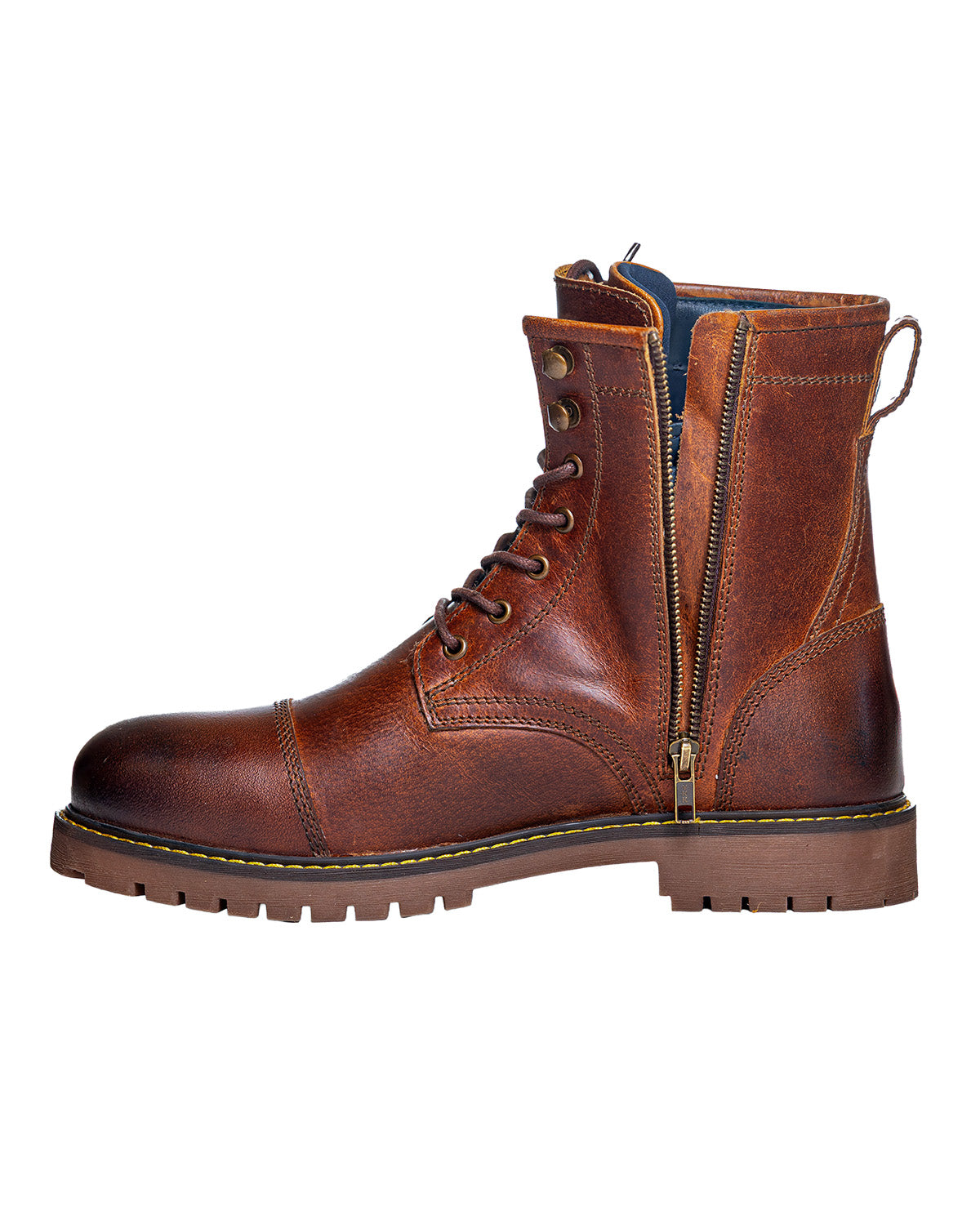 Brown leather boot with a zipper on a white background