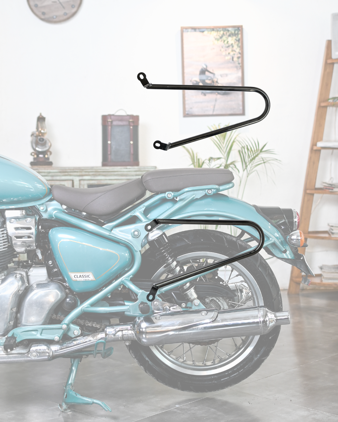 Motorcycle with a black luggage rack in a room setting