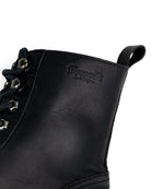 Side view of a logo on black color handmade genuine leather derby boots with ankle, toe and heel protector for bikers