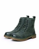 Full view of handmade genuine leather derby forest green boots with ankle, toe and heel protector for bikers in white background