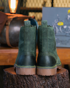 Back view of handmade genuine leather derby forest green boots with ankle, toe and heel protector for bikers