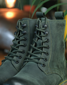 Shoe lace view of handmade genuine leather derby forest green boots with ankle, toe and heel protector for bikers