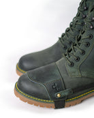 Side view of handmade genuine leather derby forest green boots with green shoe protector for bikers