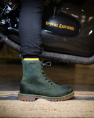 Side view of handmade genuine leather derby forest green boots with ankle, toe and heel protector for bikers