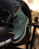 Toe proection while shifting gear of a bike with handmade genuine leather derby forest green boots with ankle and heel protector for bikers