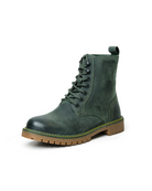 Side view of handmade genuine leather derby forest green boots with ankle, toe and heel protector for bikers in white background