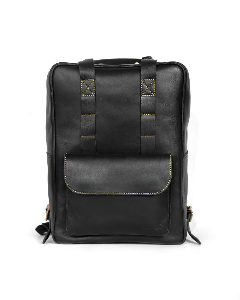 Front view of handmade genuine leather black color eastwood backpack in white background