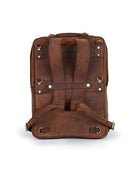 Back side view of handmade genuine leather brown color eastwood backpack with white background