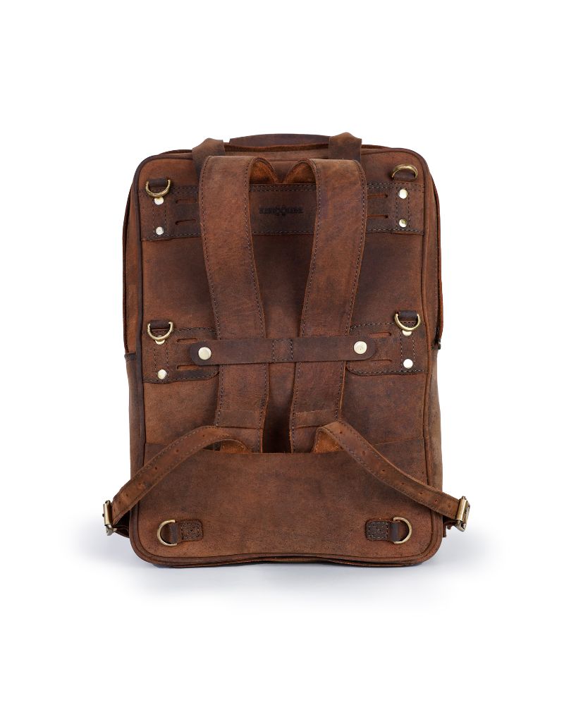 Back side view of handmade genuine leather brown color eastwood backpack with white background