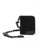 A black card holder moto wallet with a matching black chain strap, shown on a plain white background.