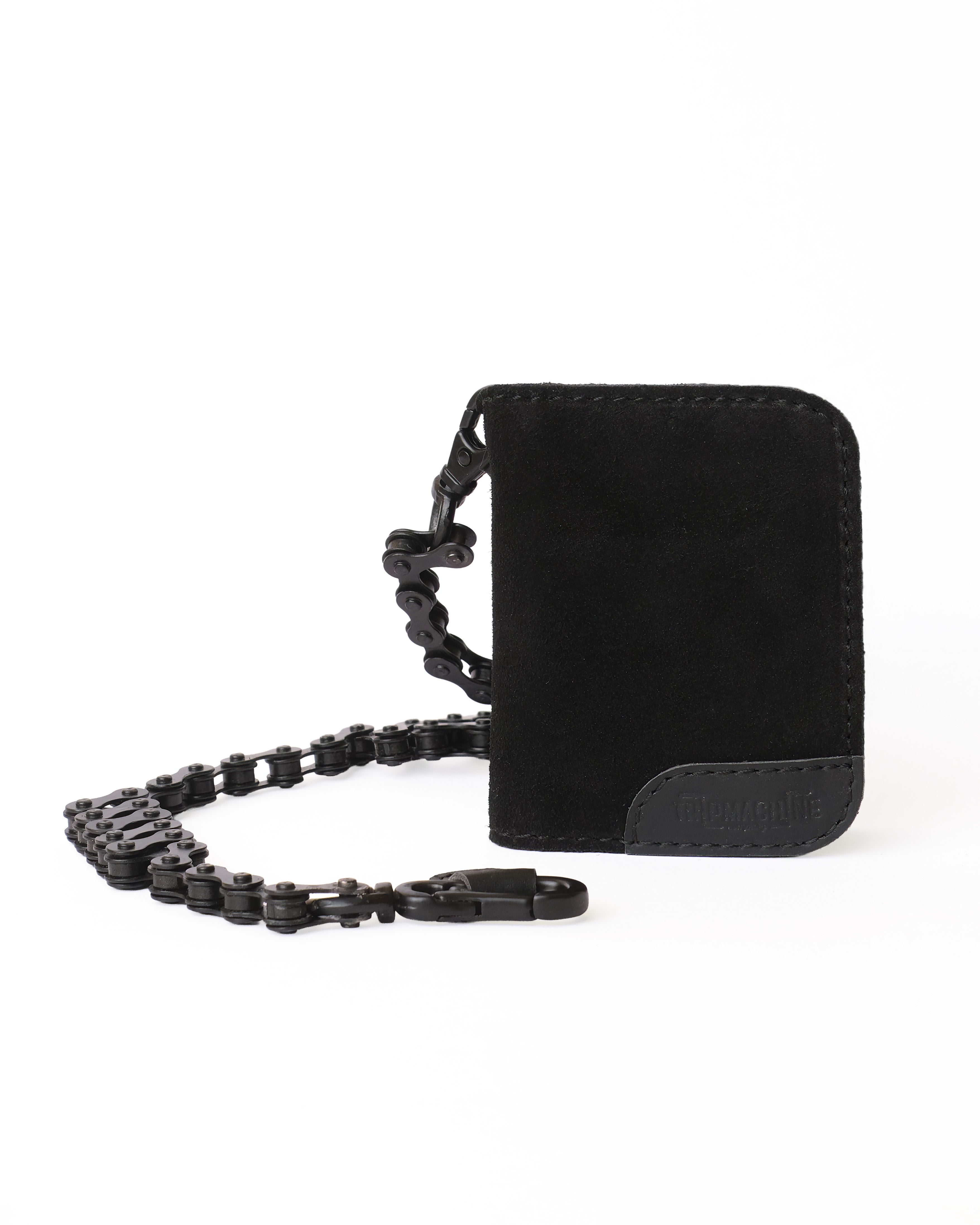 A black card holder moto wallet with a matching black chain strap, shown on a plain white background.