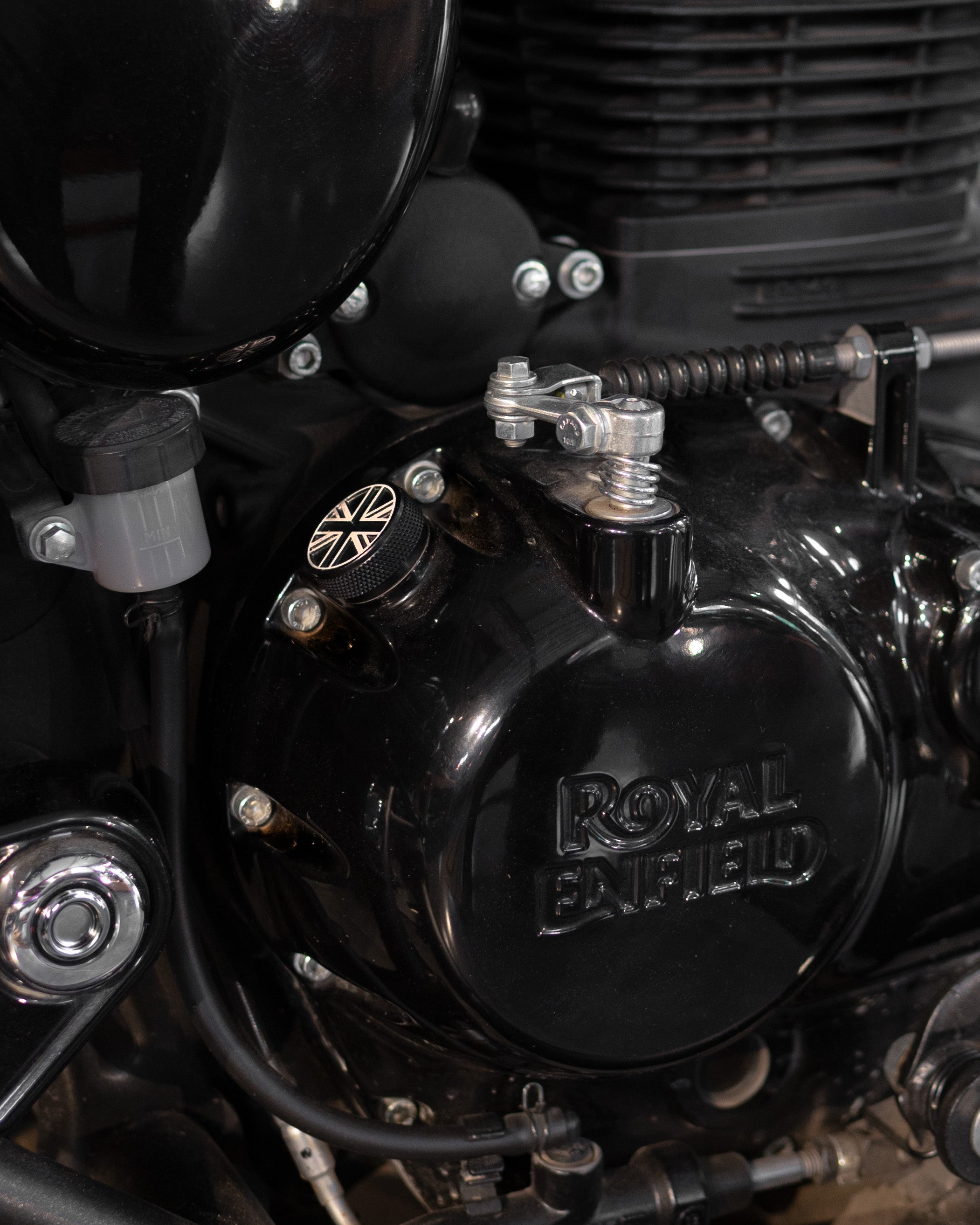 Close-up of a Royal Enfield motorcycle engine