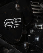 Close-up of a motorcycle with 'Goan Classic 350' branding.