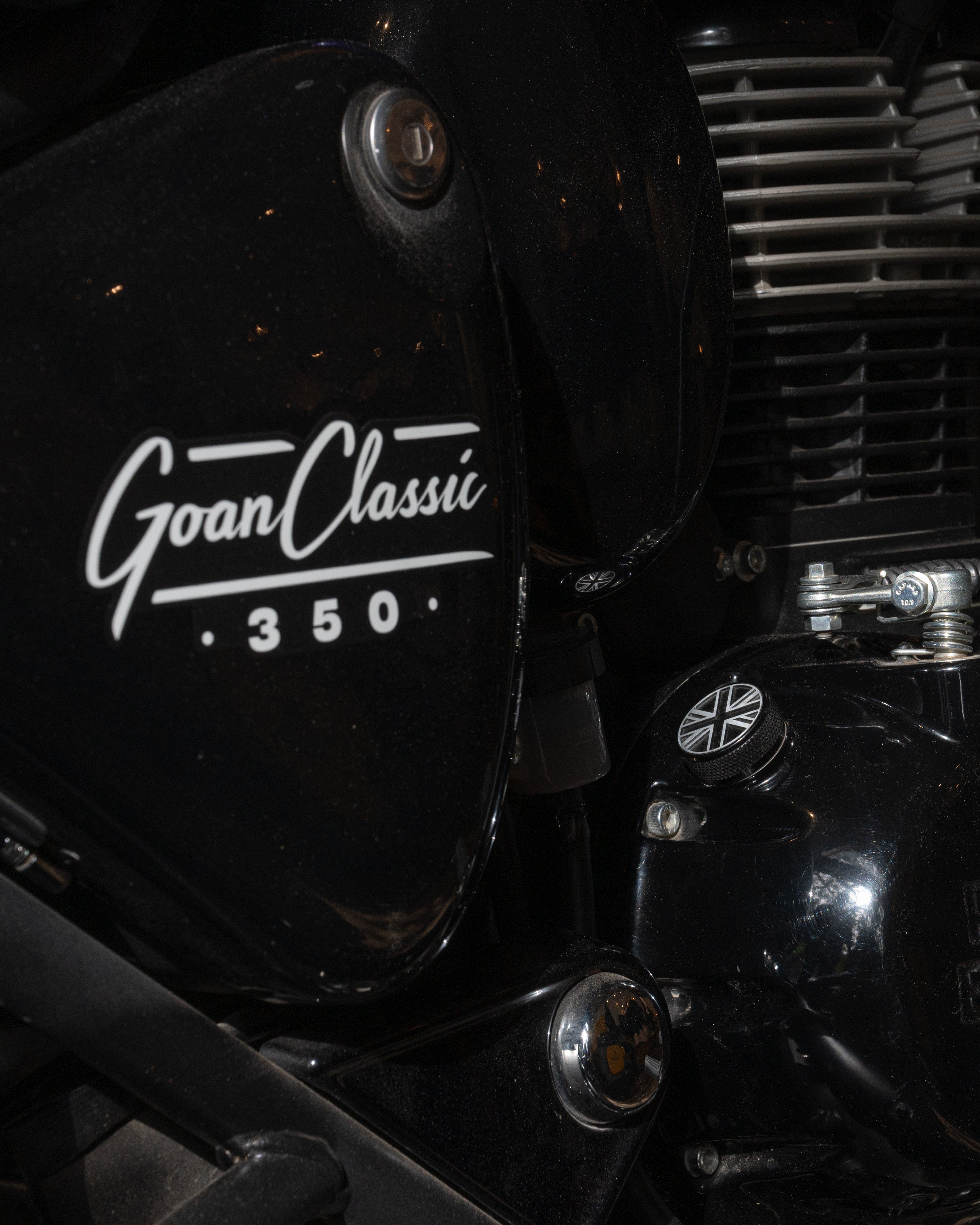 Close-up of a motorcycle with 'Goan Classic 350' branding.