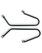 Two black metal brackets on a white background