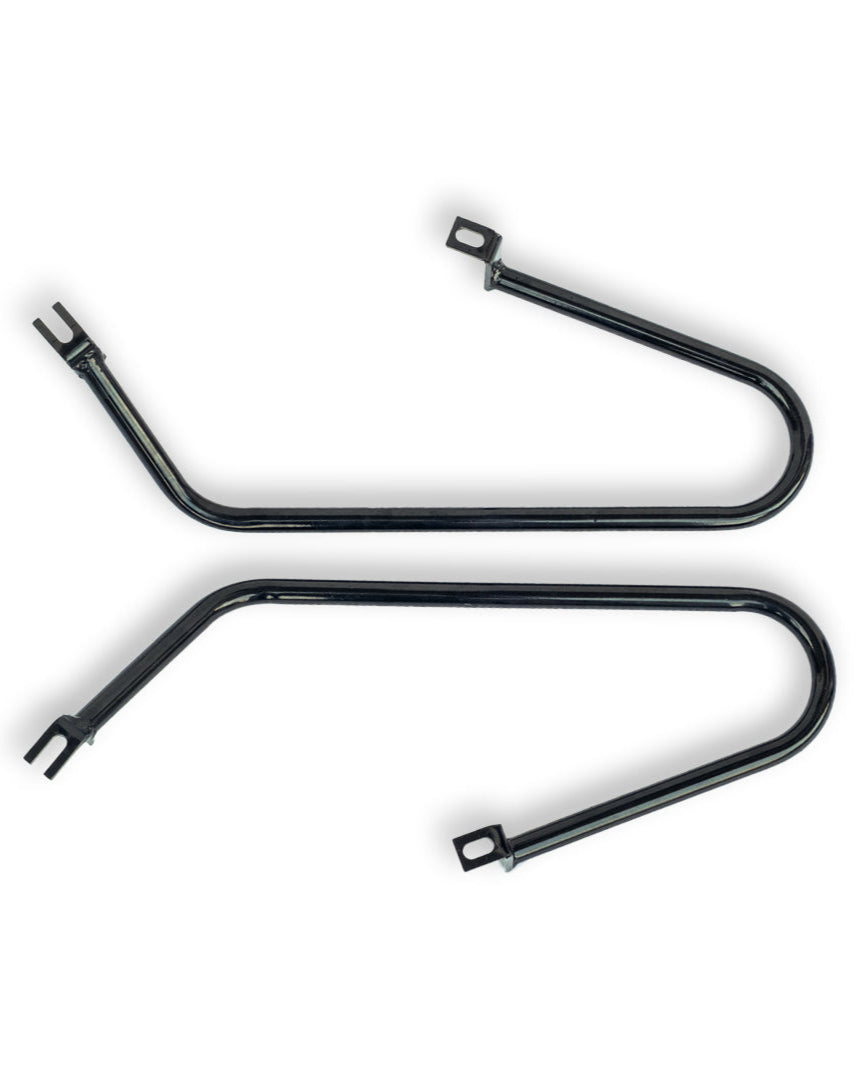 Two black metal brackets on a white background