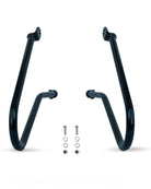 Black metal bike stand with mounting hardware on a white background