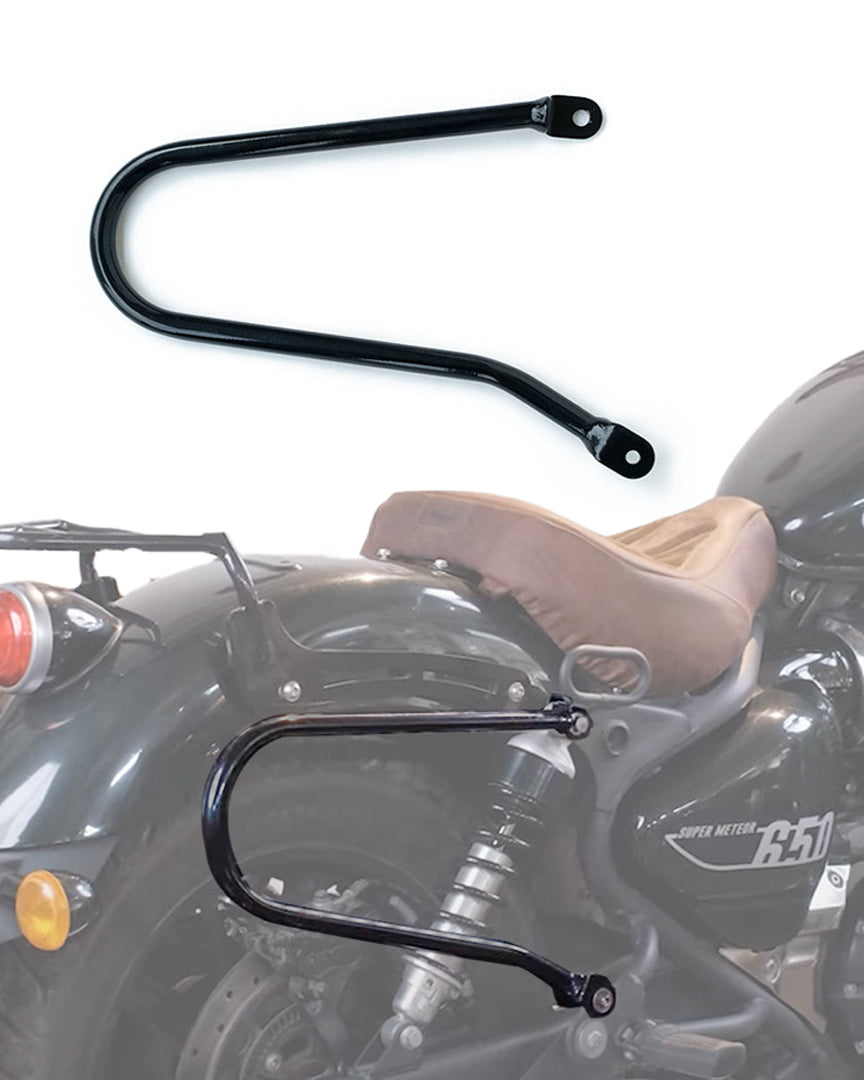 Black motorcycle luggage rack on a motorcycle with a white background