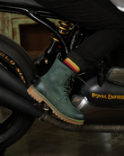 Handmade genuine leather derby forest green boots with ankle, toe and heel protector for bikers