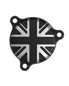 Black and silver component with Union Jack design on a white background