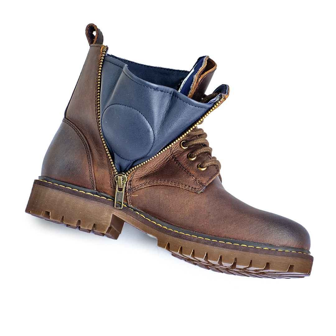 Brown leather boot with a blue inner lining and gold zipper on a white background